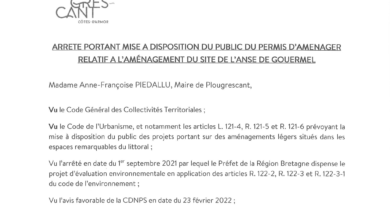 Mise a disposition du public du permis d’aménager relatif a l’aménagement du site de l’ANSE de Gouermel du 24 novembre 2022 au 9 décembre 2022